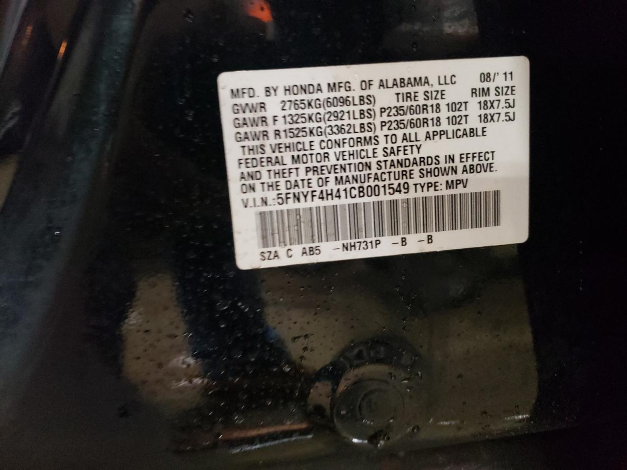 2012 Honda Pilot VIN 5FNYF4H41CB001549 Copart auction photo, front end damage thumbnail 12