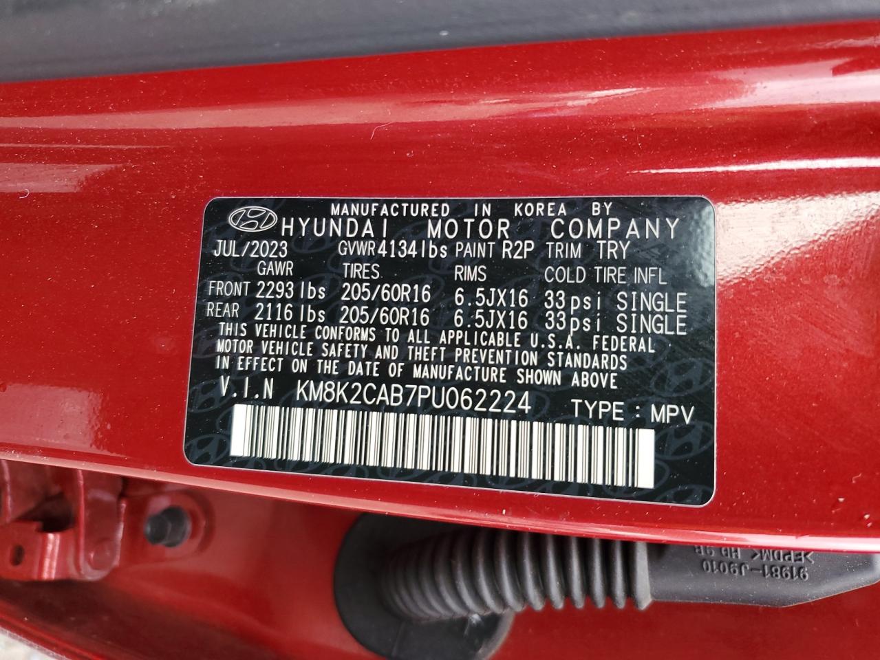 2023 Hyundai Kona VIN KM8K2CAB7PU062224 Copart auction photo, rear end damage thumbnail 16