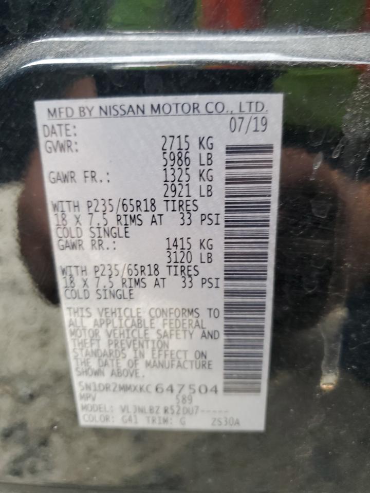 2019 Nissan Pathfinder VIN 5N1DR2MMXKC647504 Copart auction photo, side / front end damage thumbnail 13