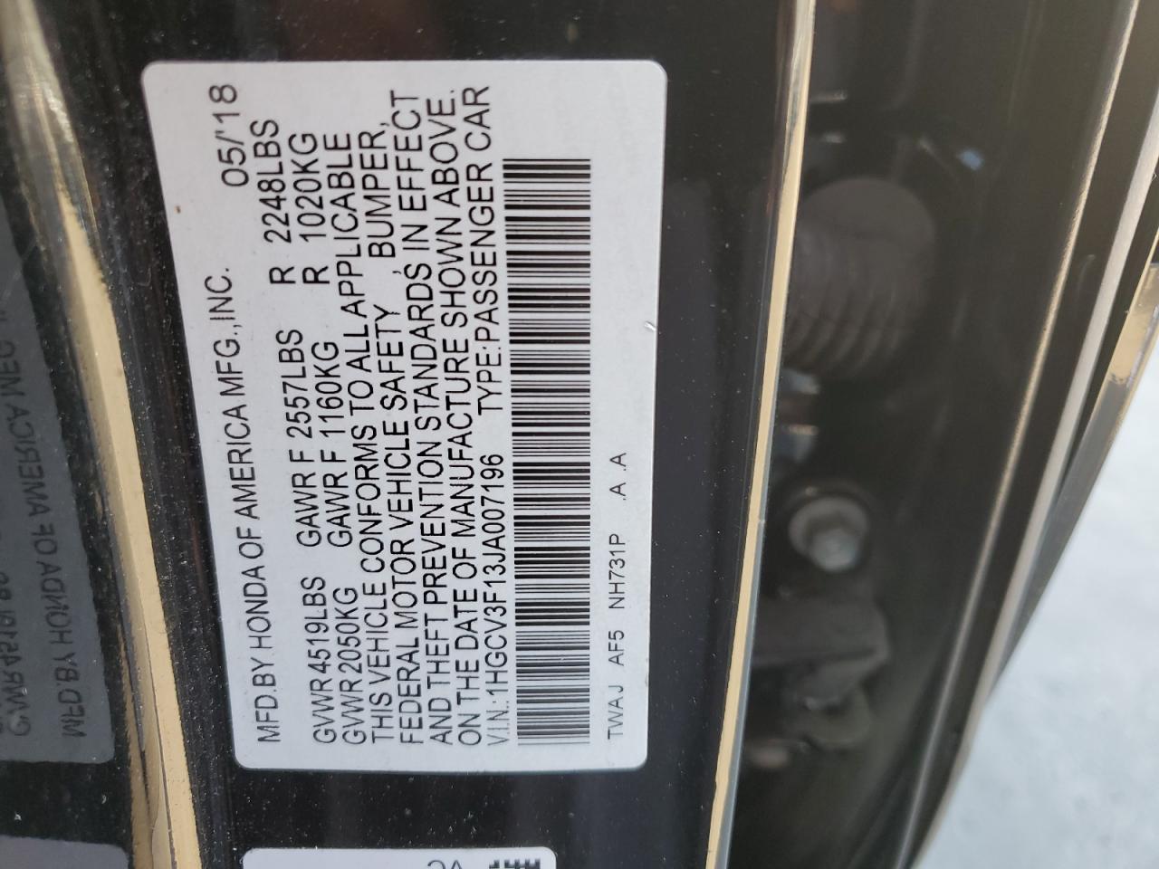 2018 Honda Accord VIN 1HGCV3F13JA007196 Copart auction photo, rear end / side damage thumbnail 14