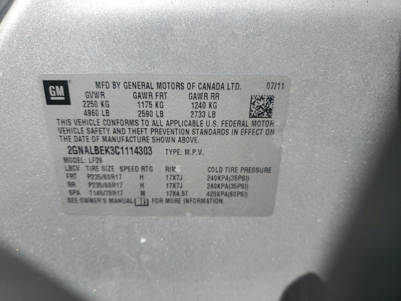 2012 Chevrolet Equinox VIN 2GNALBEK3C1114303 Copart auction photo, top/roof / front end damage thumbnail 12