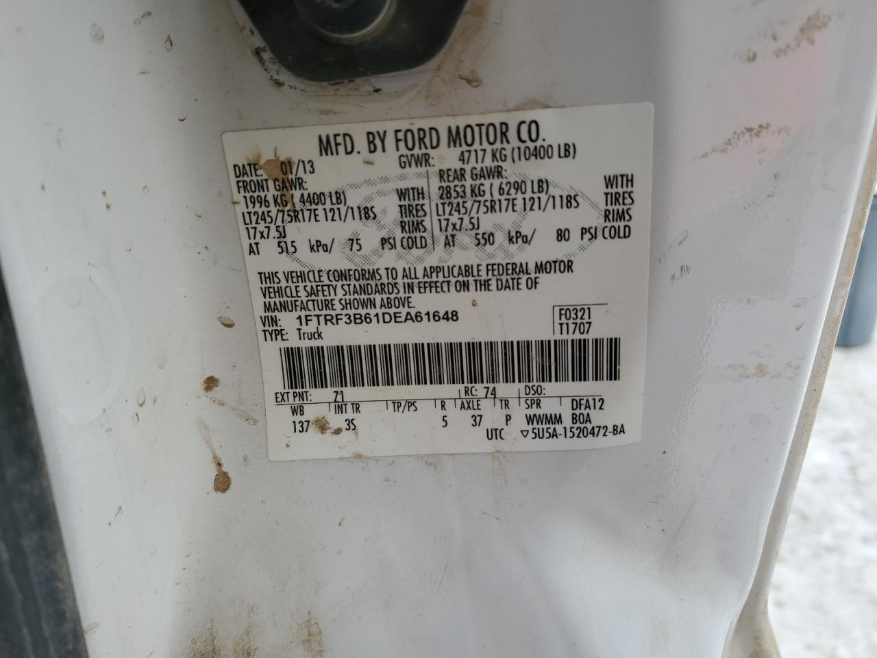 2013 Ford F350 VIN 1FTRF3B61DEA61648 Copart auction photo, all over / undercarriage damage thumbnail 12