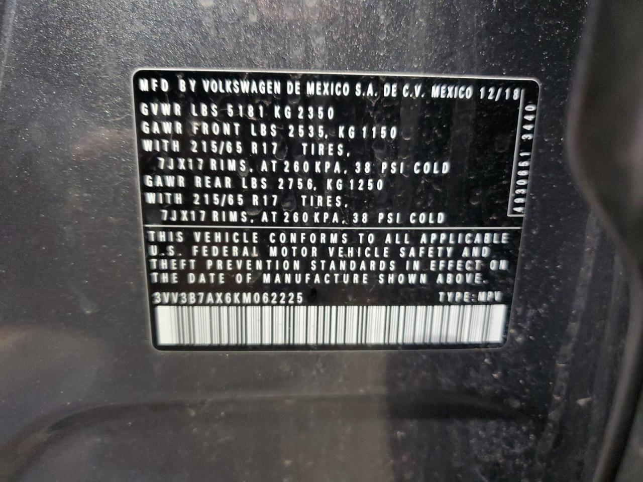 2019 Volkswagen Tiguan VIN 3VV3B7AX6KM062225 Copart auction photo, mechanical / minor dent/scratches damage thumbnail 13
