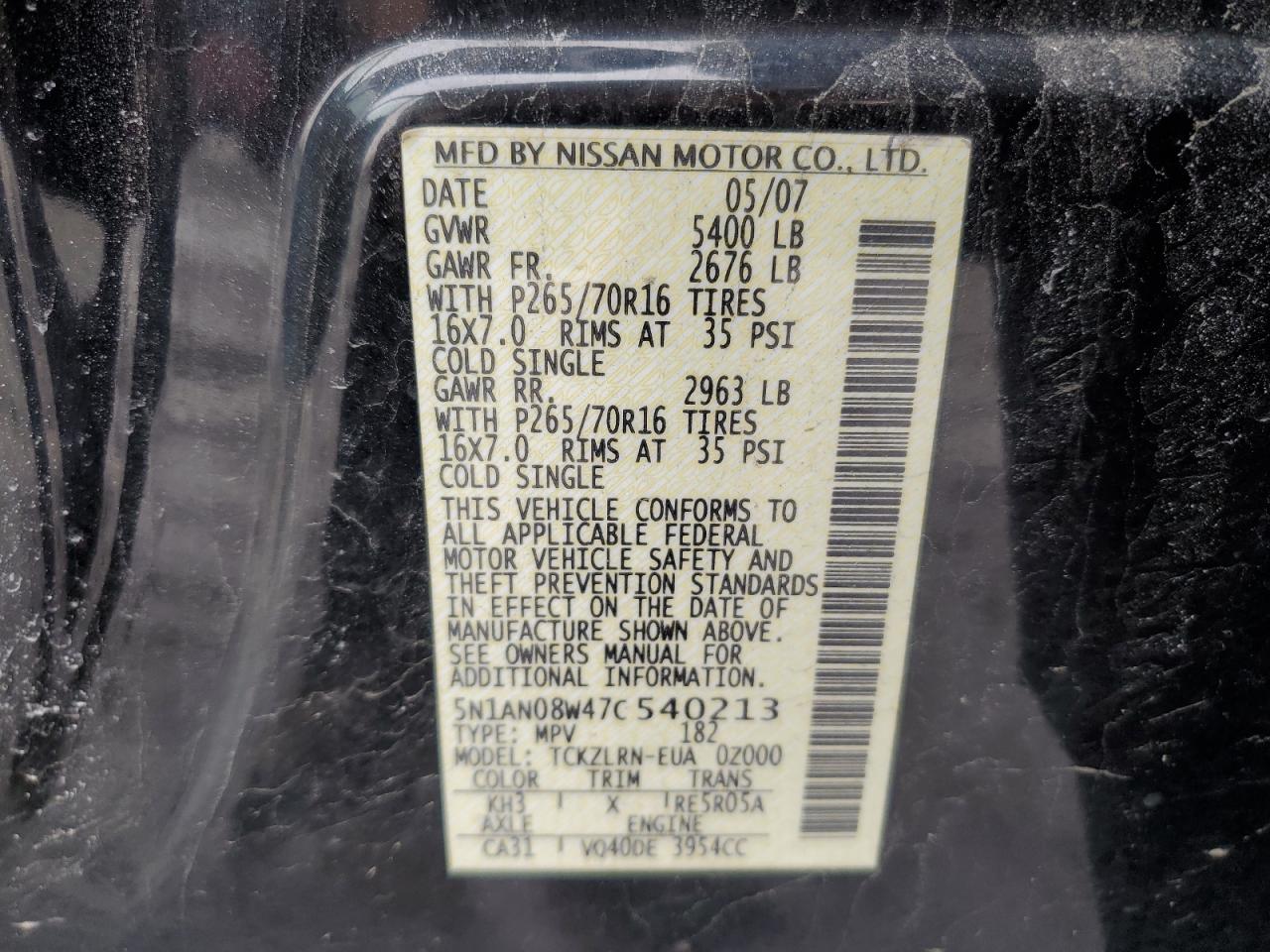 2007 Nissan XTerra VIN 5N1AN08W47C540213 Copart auction photo, front end / minor dent/scratches damage thumbnail 13