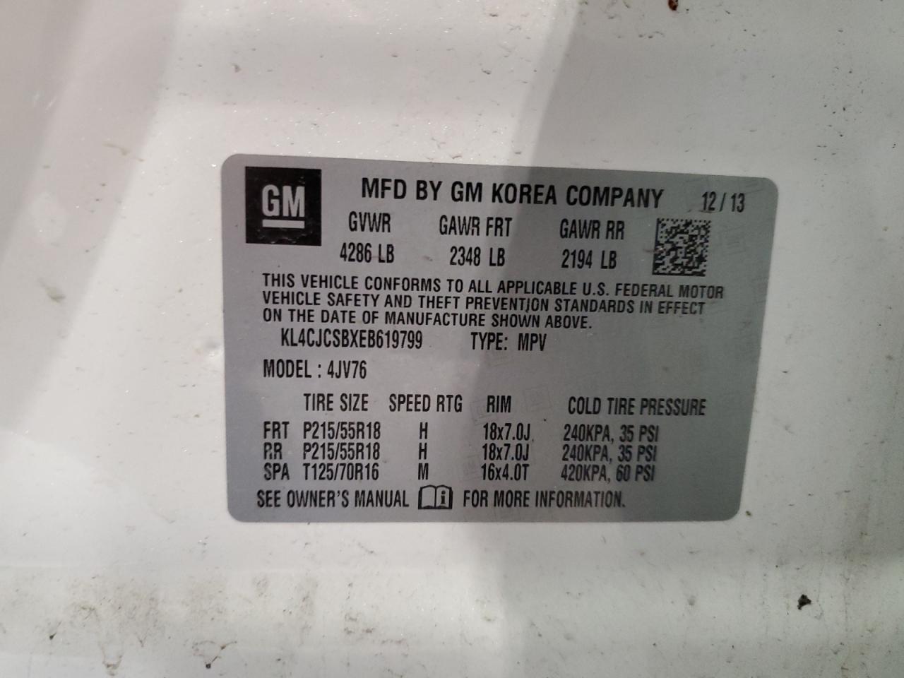2014 Buick Encore VIN KL4CJCSBXEB619799 Copart auction photo, side damage thumbnail 13