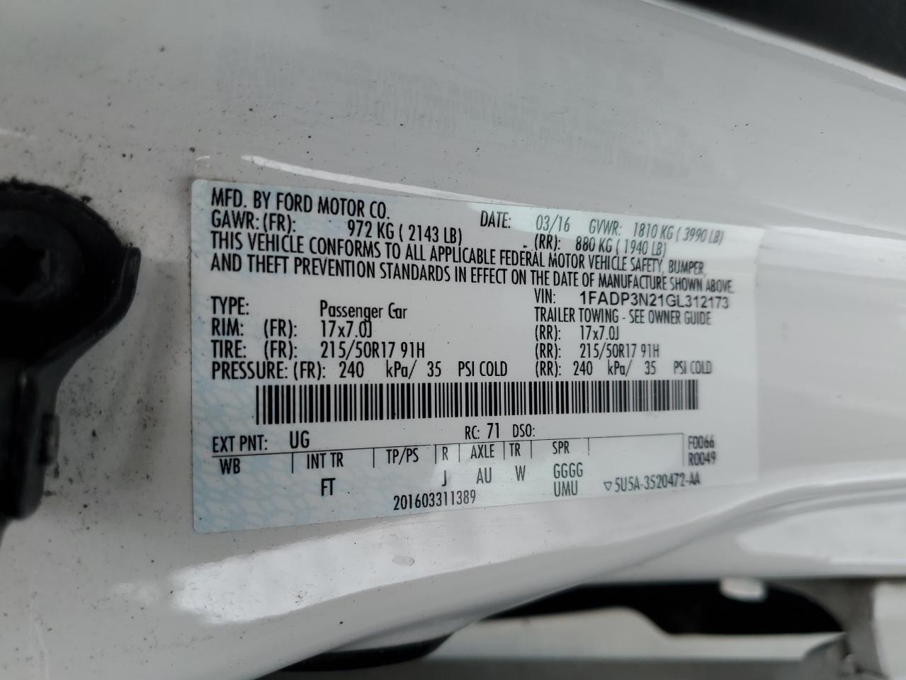 2016 Ford Focus VIN 1FADP3N21GL312173 Copart auction photo, mechanical / minor dent/scratches damage thumbnail 12