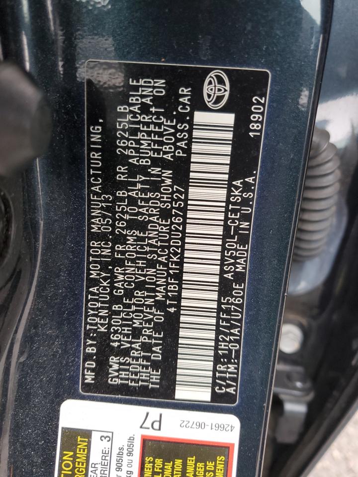 2013 Toyota Camry VIN 4T1BF1FK2DU267527 Copart auction photo, rear end damage thumbnail 12