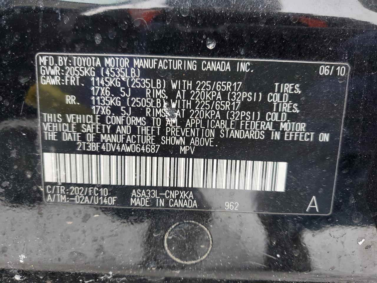 2010 Toyota RAV 4 VIN 2T3BF4DV4AW064687 Copart auction photo, side damage thumbnail 12