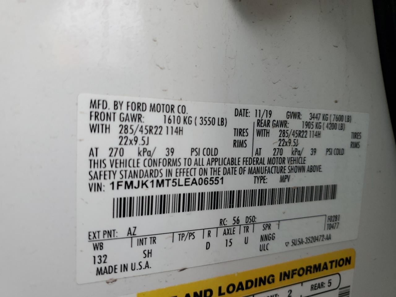 2020 Ford Expedition VIN 1FMJK1MT5LEA06551 Copart auction photo, front end damage thumbnail 14