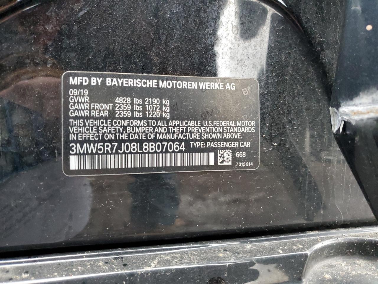 2020 BMW 3er VIN 3MW5R7J08L8B07064 Copart auction photo, front end / side damage thumbnail 12