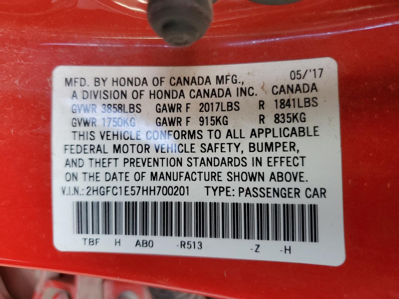 2017 Honda Civic VIN 2HGFC1E57HH700201 Copart auction photo, undercarriage / side damage thumbnail 12