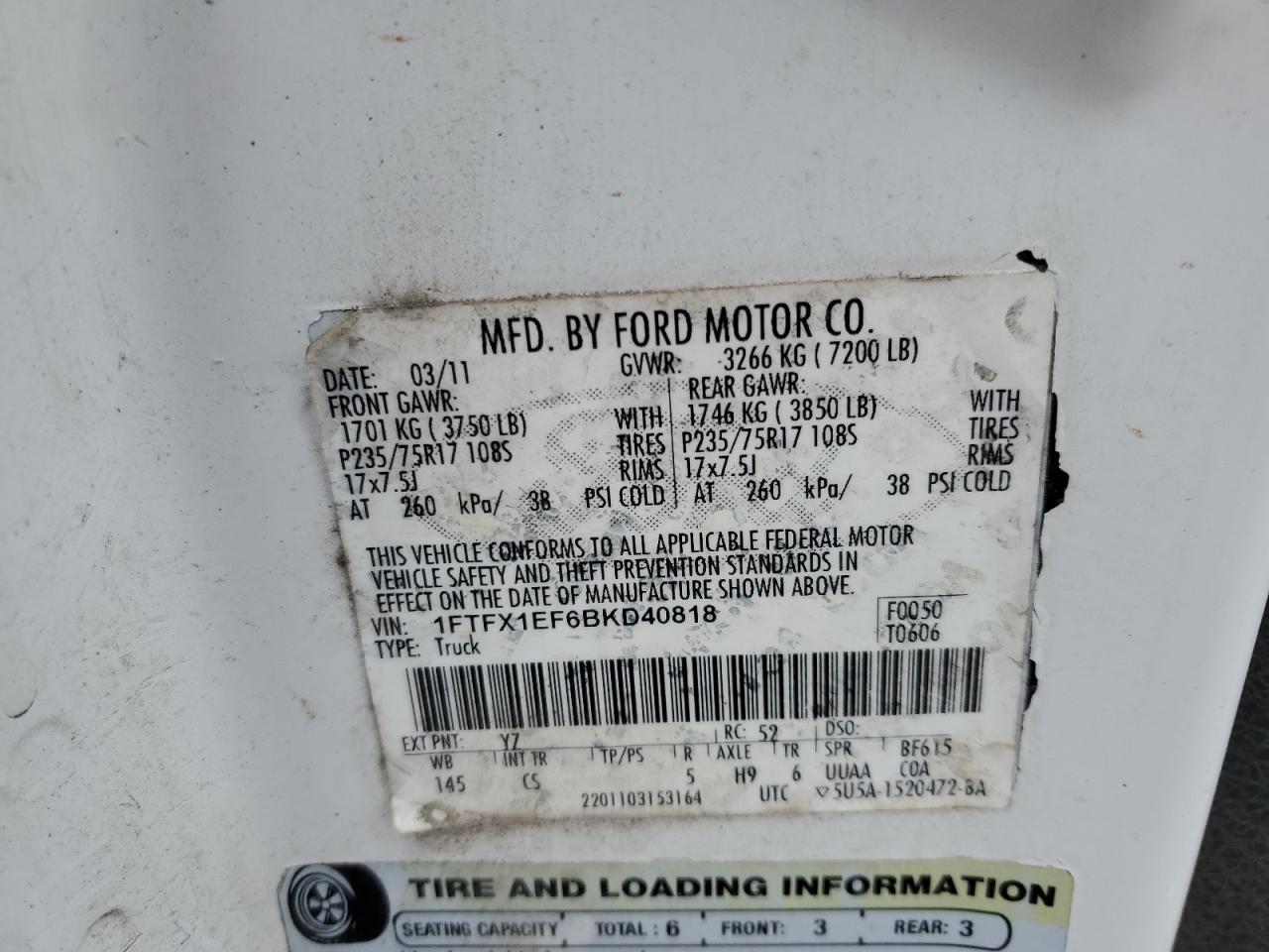 2011 Ford F-150 VIN 1FTFX1EF6BKD40818 Copart auction photo, all over damage thumbnail 12