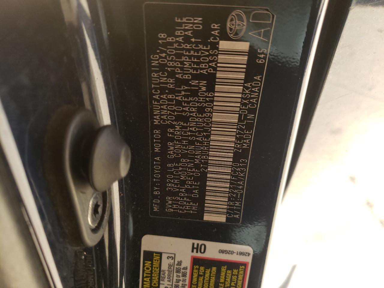 2018 Toyota Corolla VIN 2T1BURHE1JC099016 Copart auction photo, front end damage thumbnail 12