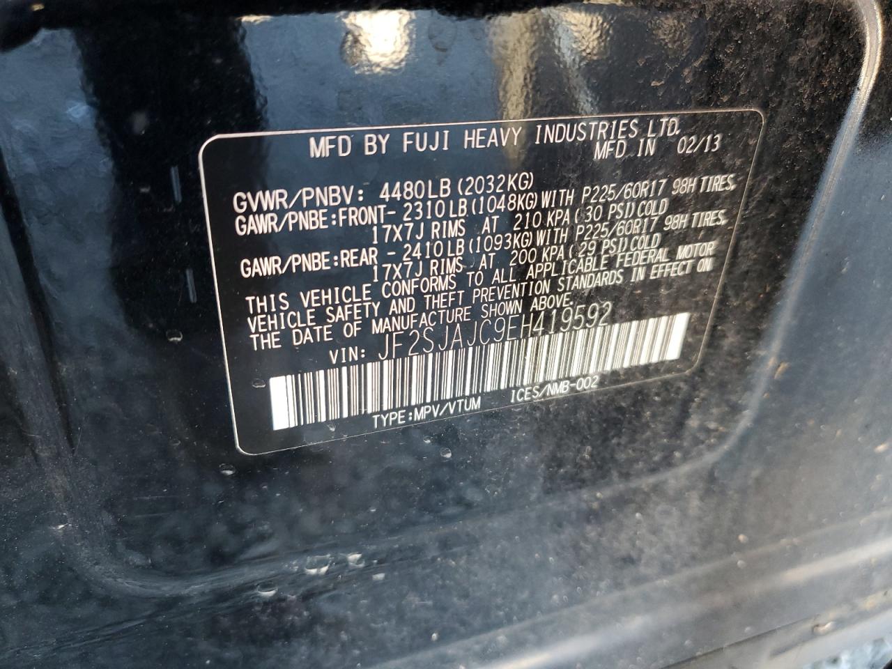 2014 Subaru Forester VIN JF2SJAJC9EH419592 Copart auction photo, rear end / top/roof damage thumbnail 14