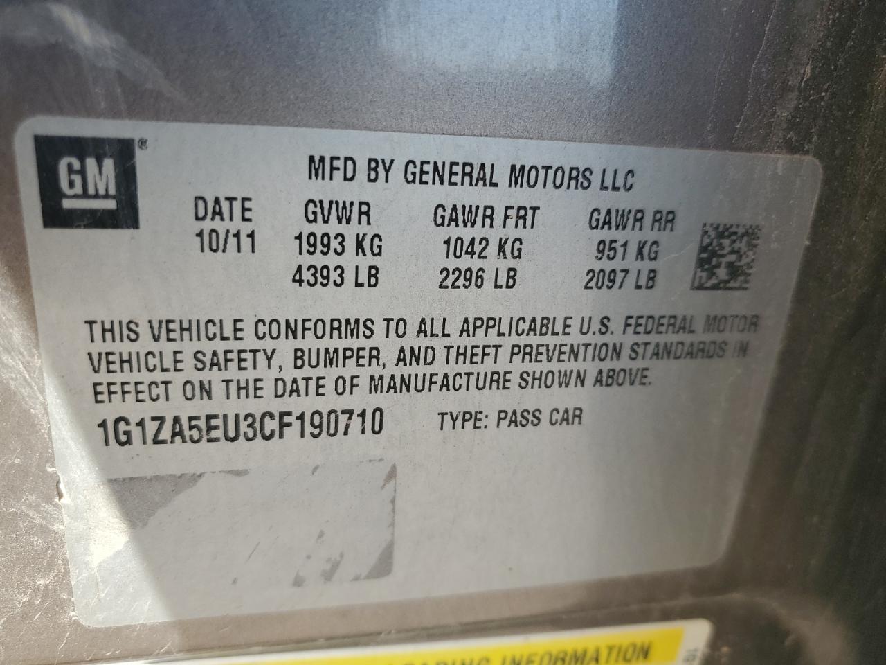 2012 Chevrolet Malibu VIN 1G1ZA5EU3CF190710 Copart auction photo, all over damage thumbnail 12