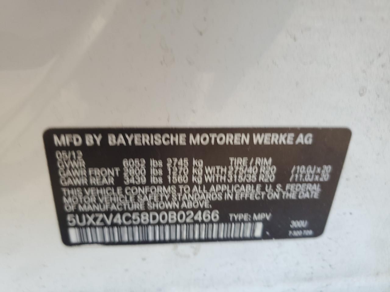 2013 BMW X5 VIN 5UXZV4C58D0B02466 Copart auction photo, front end / minor dent/scratches damage thumbnail 15