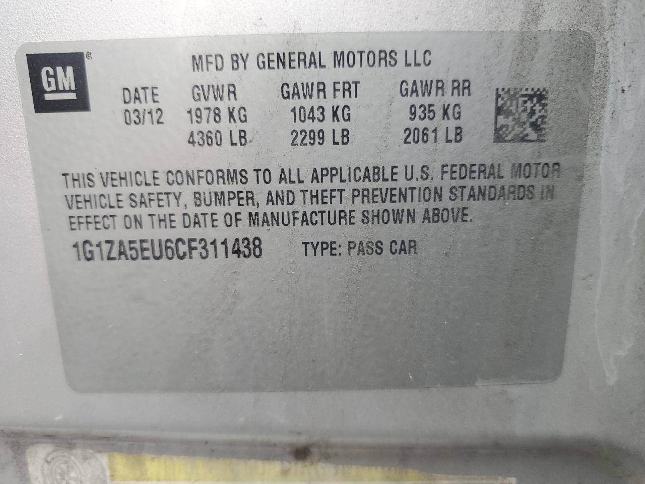 2012 Chevrolet Malibu VIN 1G1ZA5EU6CF311438 Copart auction photo, front end / side damage thumbnail 12