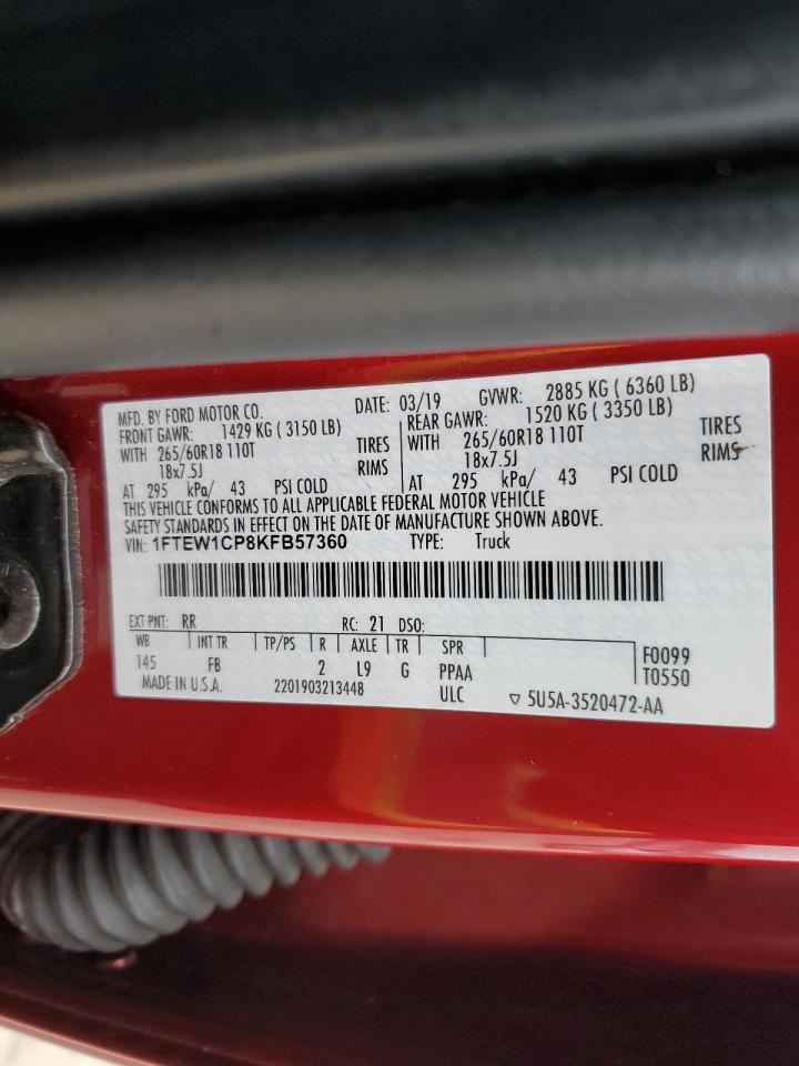 2019 Ford F-150 VIN 1FTEW1CP8KFB57360 Copart auction photo, side / front end damage thumbnail 15