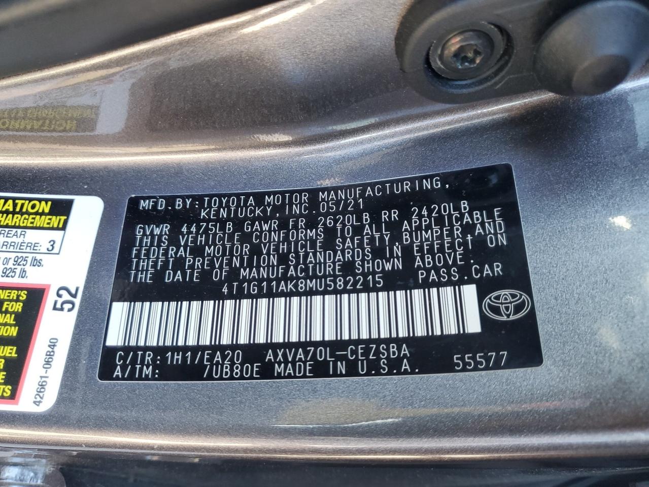 2021 Toyota Camry VIN 4T1G11AK8MU582215 Copart auction photo, front end / side damage thumbnail 12