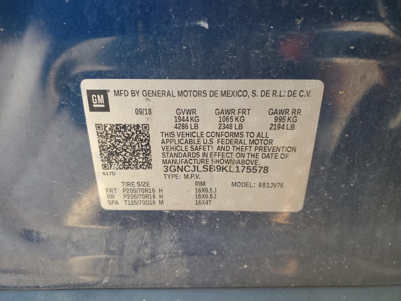 2019 Chevrolet Trax VIN 3GNCJLSB9KL175578 Copart auction photo, side damage thumbnail 13