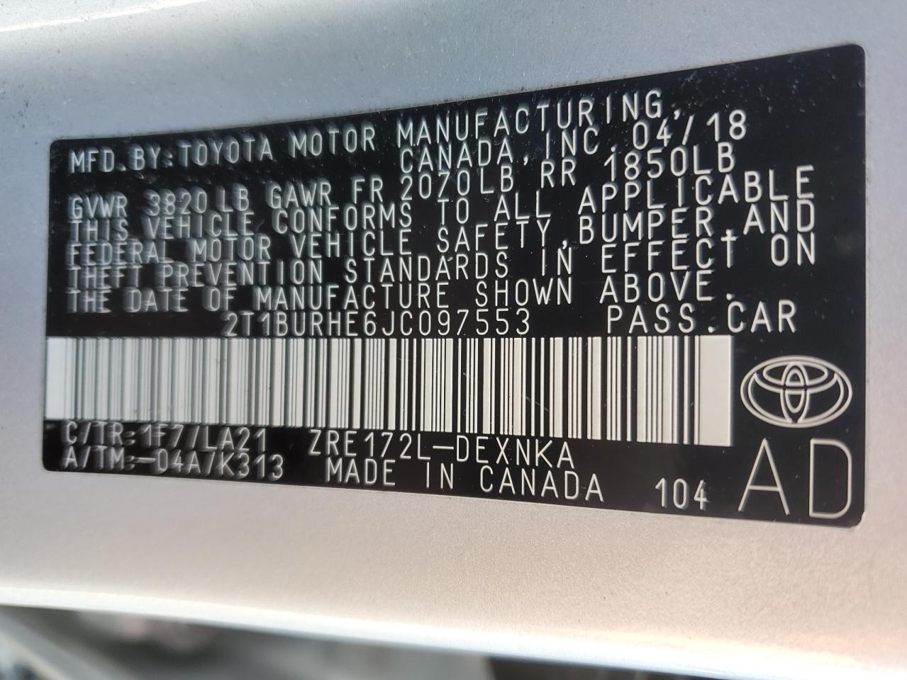 2018 Toyota Corolla VIN 2T1BURHE6JC097553 Copart auction photo, front end / side damage thumbnail 14