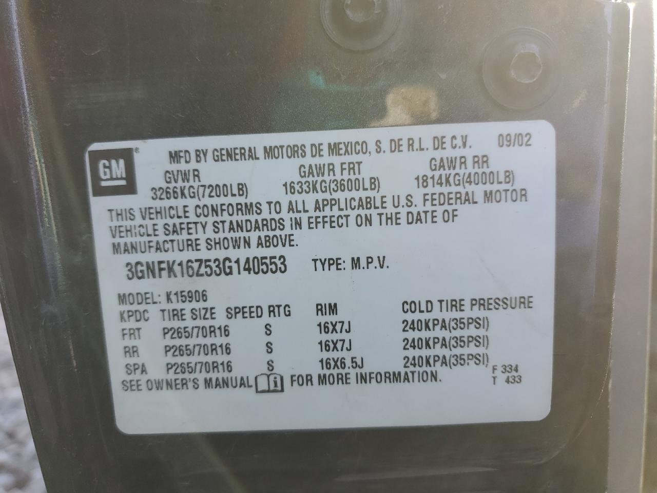 2003 Chevrolet Suburban VIN 3GNFK16Z53G140553 Copart auction photo, front end damage thumbnail 15