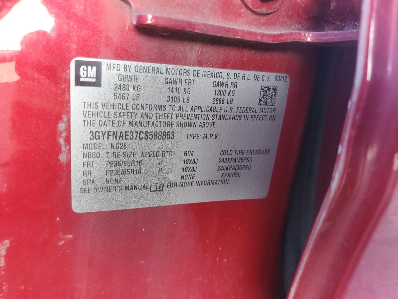 2012 Cadillac SRX VIN 3GYFNAE37CS588863 Copart auction photo, minor dent/scratches damage thumbnail 12