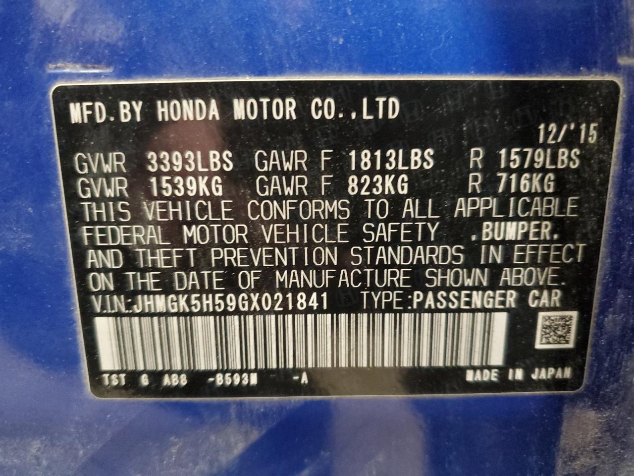 2016 Honda Fit VIN JHMGK5H59GX021841 Copart auction photo, front end / minor dent/scratches damage thumbnail 16