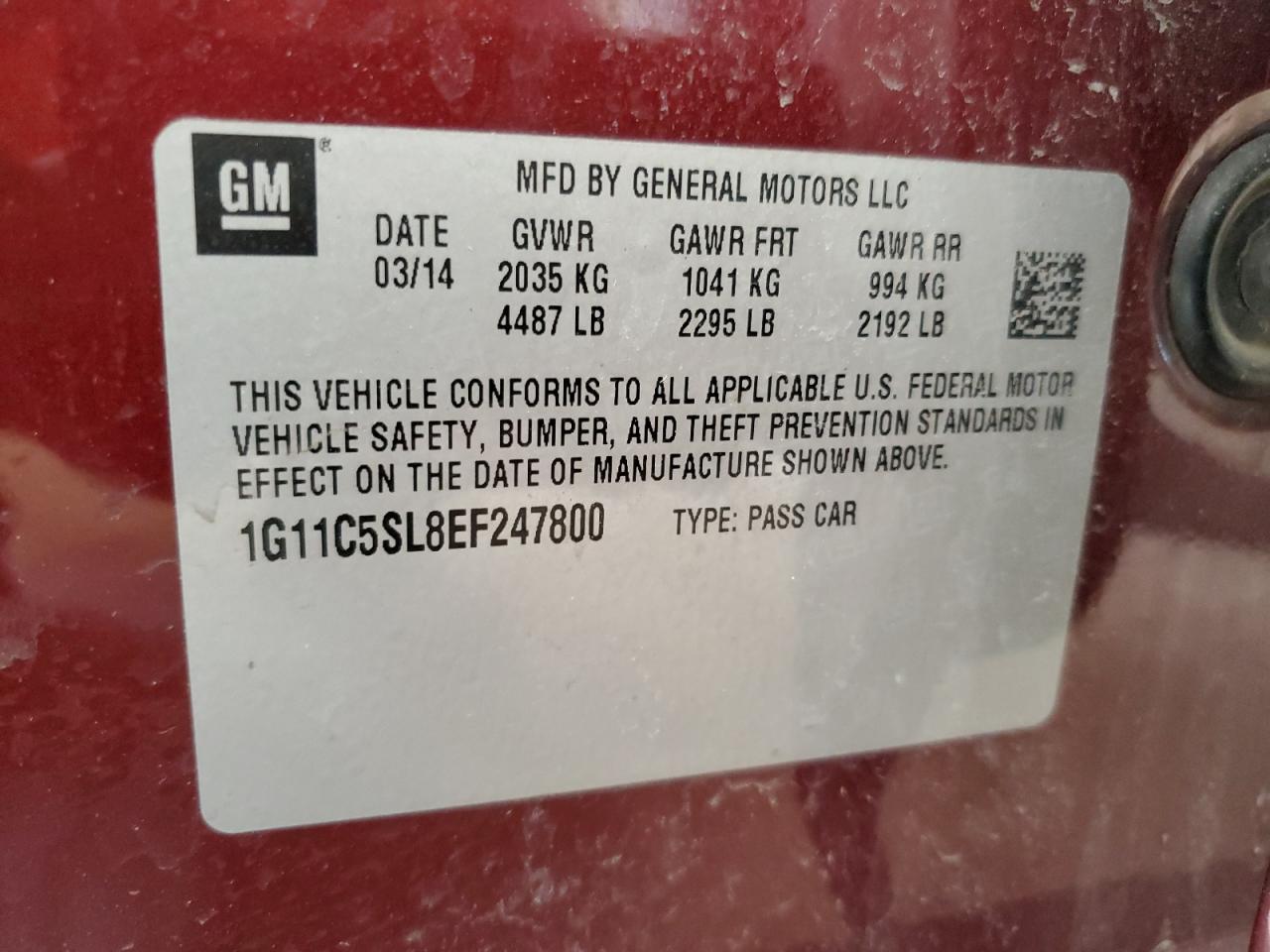 2014 Chevrolet Malibu VIN 1G11C5SL8EF247800 Copart auction photo, front end damage thumbnail 12