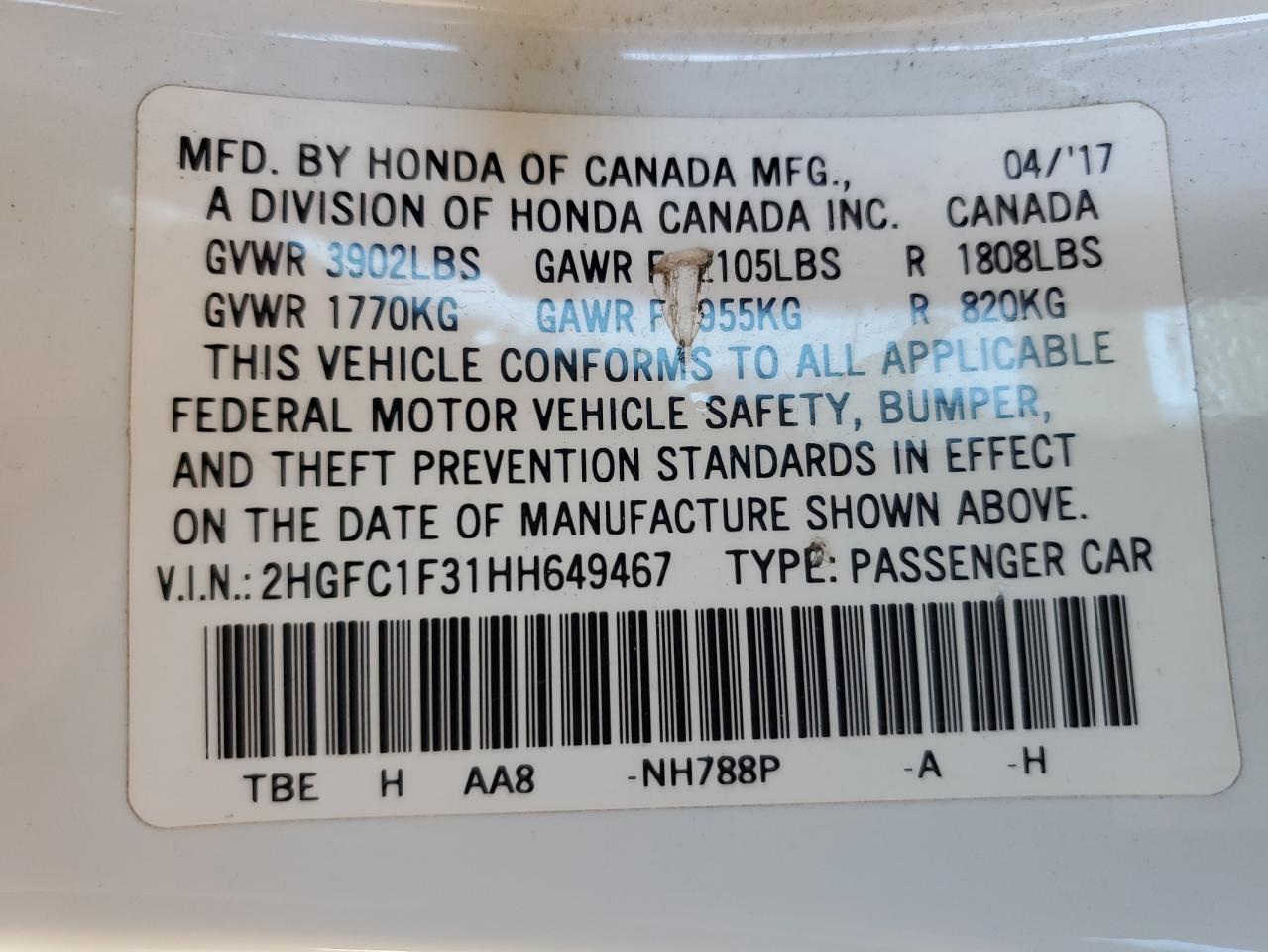 2017 Honda Civic VIN 2HGFC1F31HH649467 Copart auction photo, minor dent/scratches damage thumbnail 14