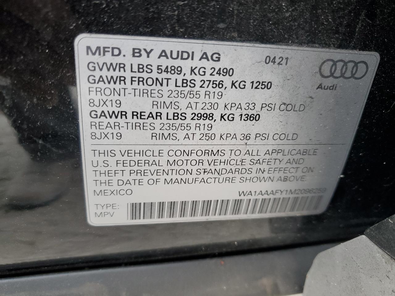 2021 Audi Q5 VIN WA1AAAFY1M2096259 Copart auction photo, front end / hail damage thumbnail 13