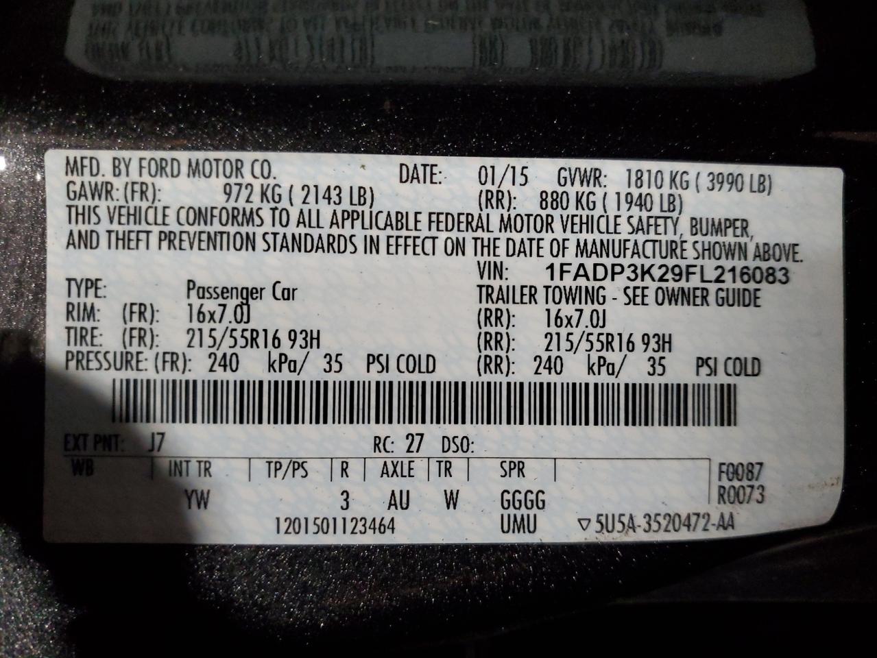 2015 Ford Focus VIN 1FADP3K29FL216083 Copart auction photo, mechanical damage thumbnail 12