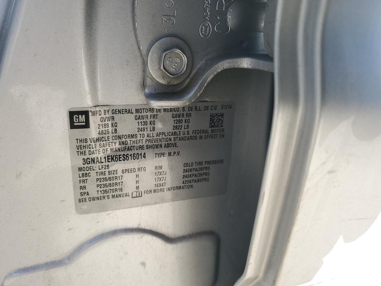 2014 Chevrolet Captiva VIN 3GNAL1EK6ES616014 Copart auction photo, side damage thumbnail 12