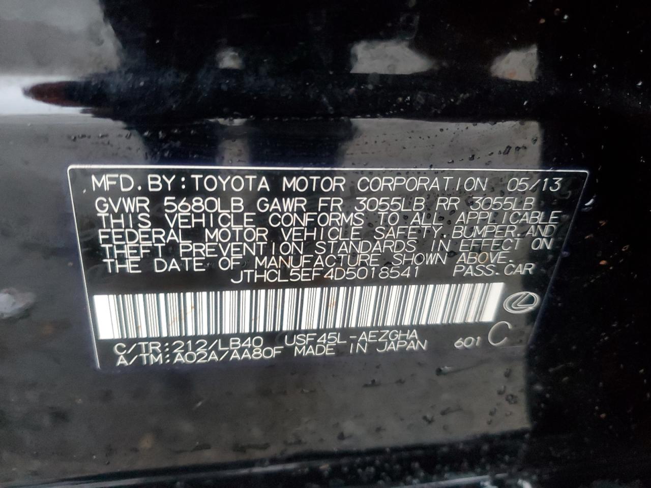 2013 Lexus LS VIN JTHCL5EF4D5018541 Copart auction photo, side damage thumbnail 14