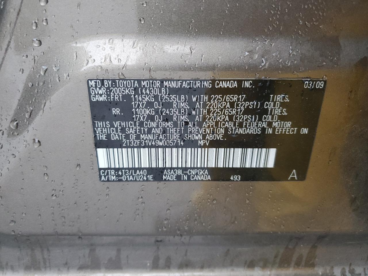 2009 Toyota RAV 4 VIN 2T3ZF31V49W005714 Copart auction photo, front end damage thumbnail 13