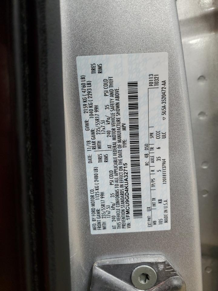 2019 Ford Escape VIN 1FMCU9GD4KUA32715 Copart auction photo, rear end / minor dent/scratches damage thumbnail 13