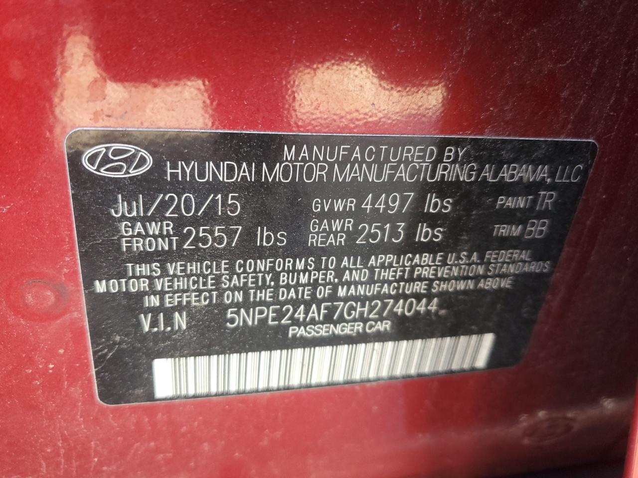 2016 Hyundai Sonata VIN 5NPE24AF7GH274044 Copart auction photo, biohazard/chemical damage thumbnail 12