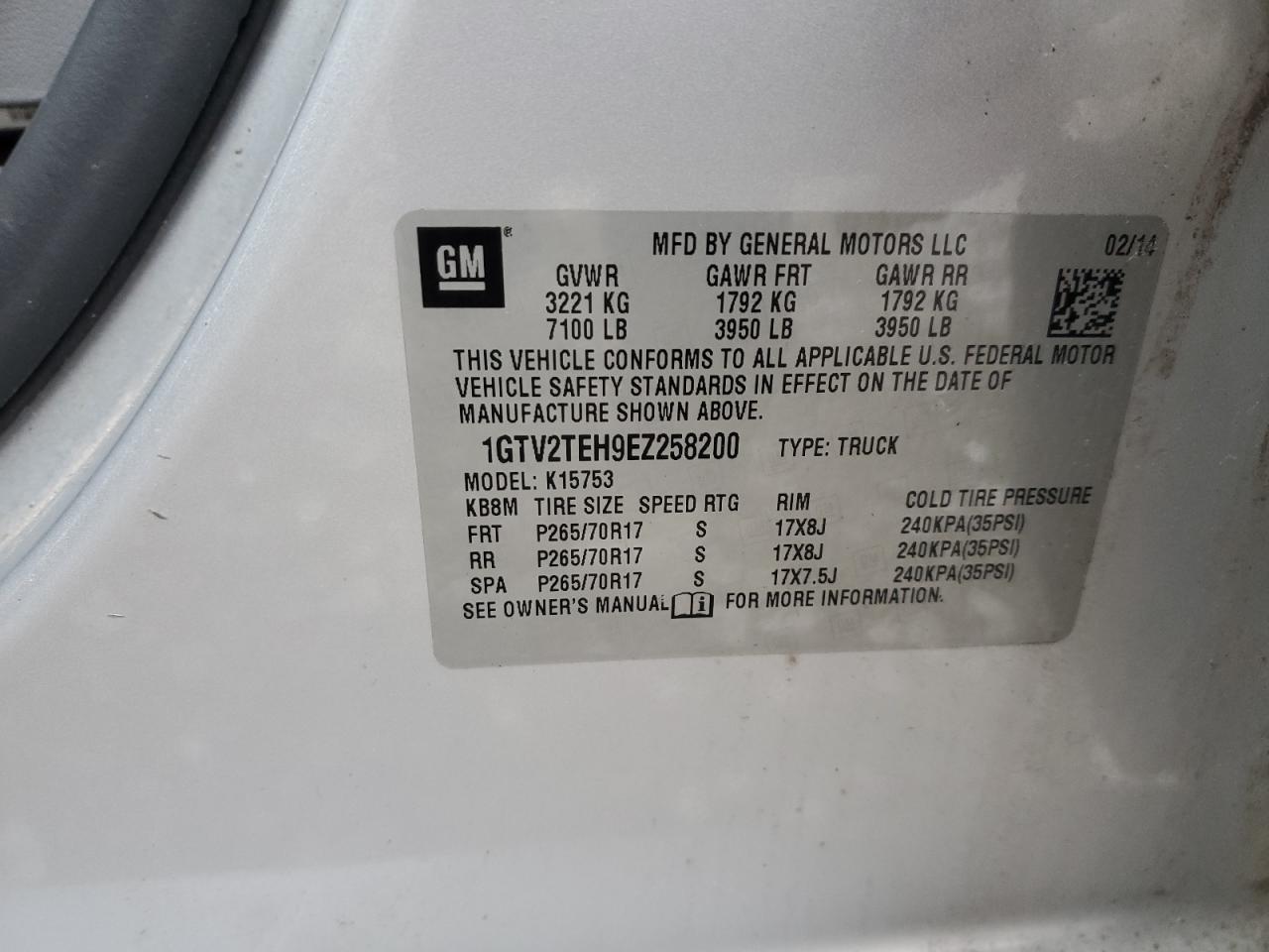 2014 GMC Sierra VIN 1GTV2TEH9EZ258200 Copart auction photo, side / all over damage thumbnail 14