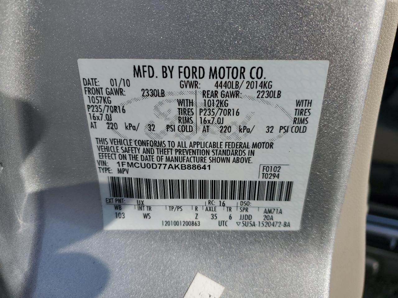 2010 Ford Escape VIN 1FMCU0D77AKB88641 Copart auction photo, side damage thumbnail 13
