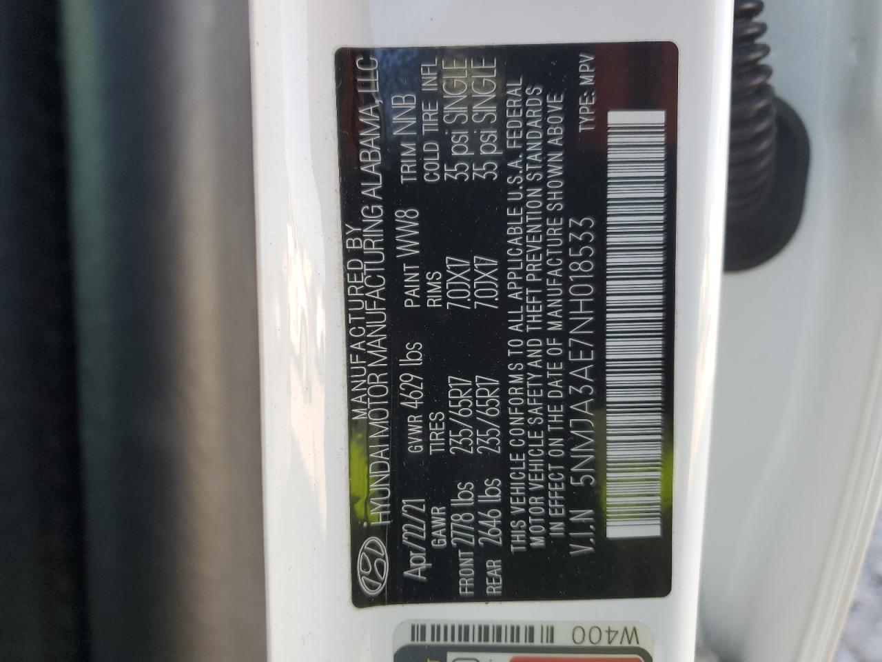 2022 Hyundai Tucson VIN 5NMJA3AE7NH018533 Copart auction photo, rear end damage thumbnail 15