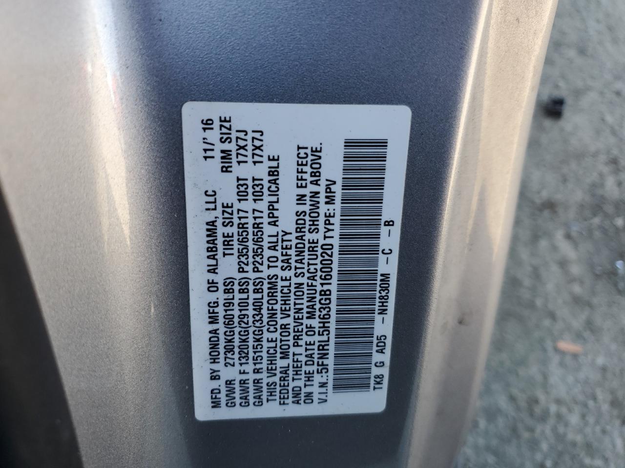 2016 Honda Odyssey VIN 5FNRL5H63GB160020 Copart auction photo, front end damage thumbnail 13