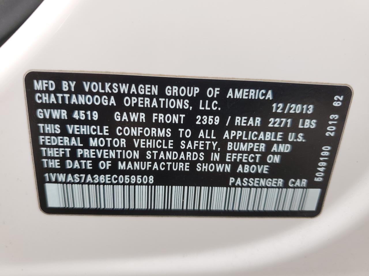 2014 Volkswagen Passat VIN 1VWAS7A36EC059508 Copart auction photo, front end damage thumbnail 14