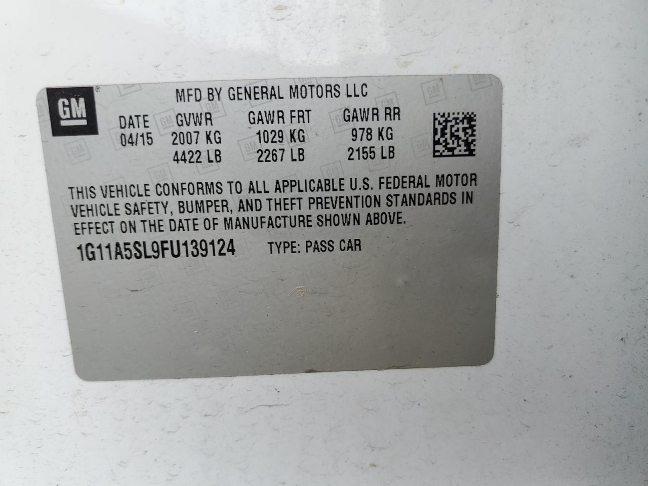 2015 Chevrolet Malibu VIN 1G11A5SL9FU139124 Copart auction photo, front end / side damage thumbnail 13