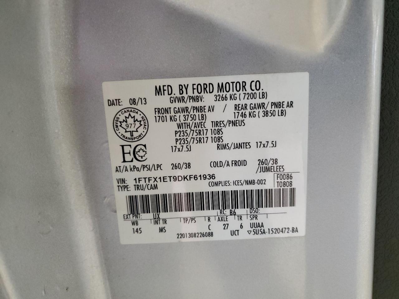 2013 Ford F-150 VIN 1FTFX1ET9DKF61936 Copart auction photo, minor dent/scratches damage thumbnail 12