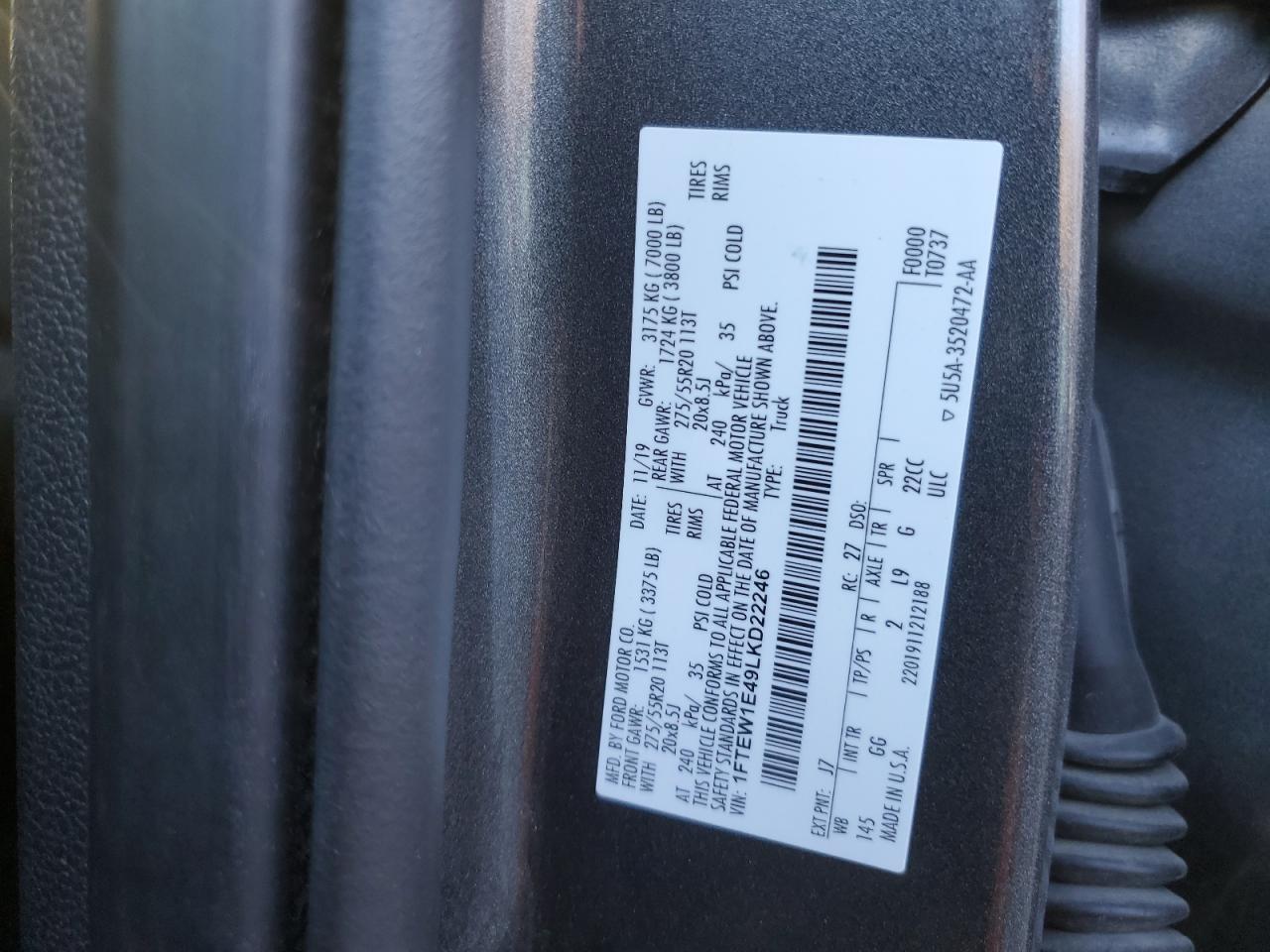 2020 Ford F-150 VIN 1FTEW1E49LKD22246 Copart auction photo, rear end damage thumbnail 12