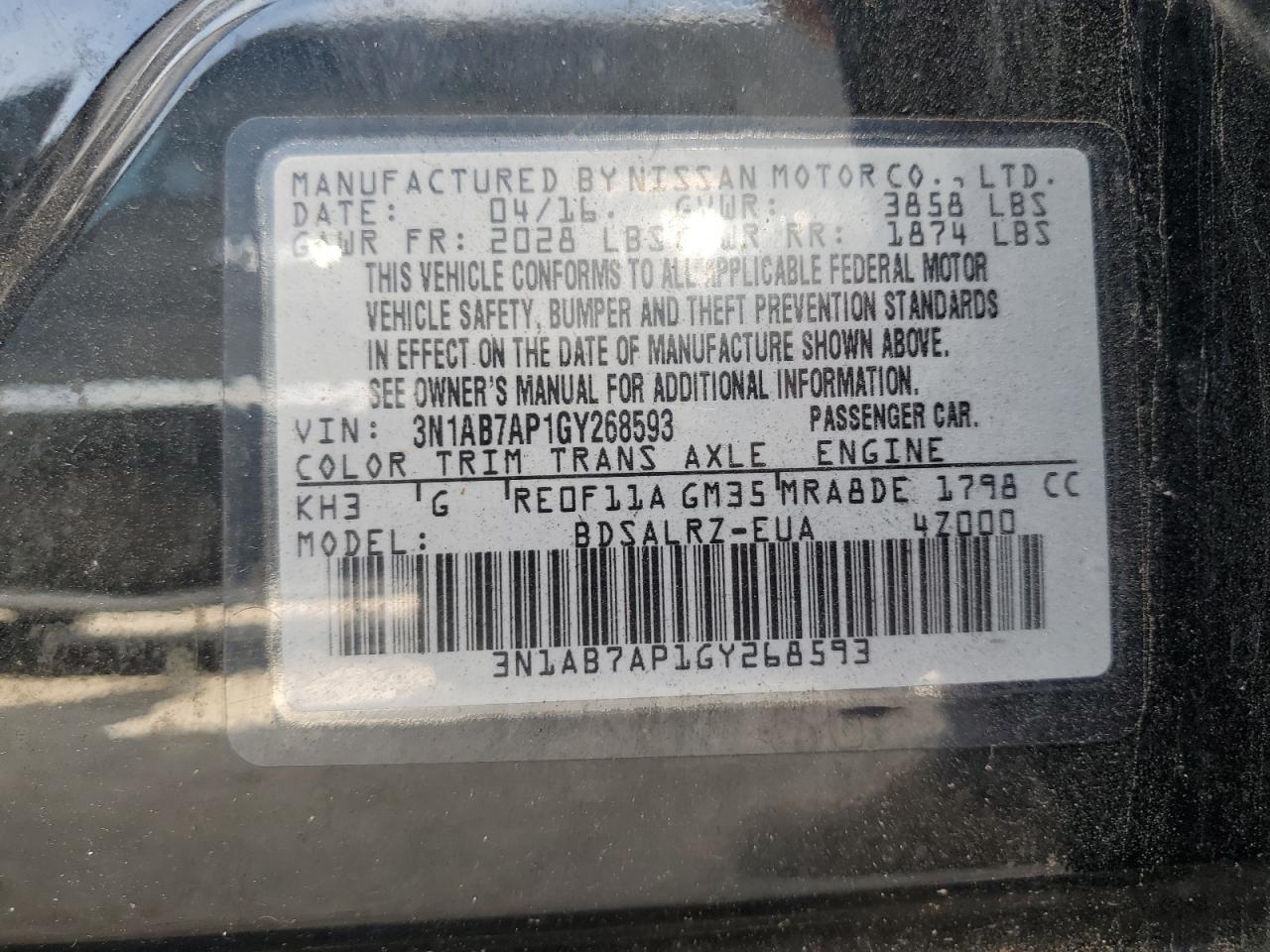 2016 Nissan Sentra VIN 3N1AB7AP1GY268593 Copart auction photo, rear end damage thumbnail 12