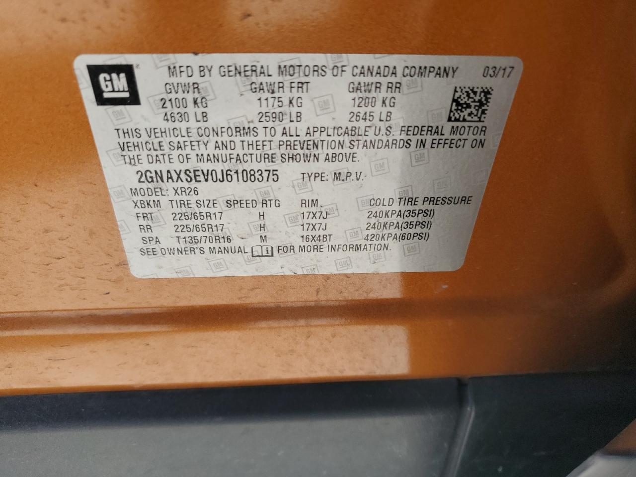 2018 Chevrolet Equinox VIN 2GNAXSEV0J6108375 Copart auction photo, rear end / minor dent/scratches damage thumbnail 15