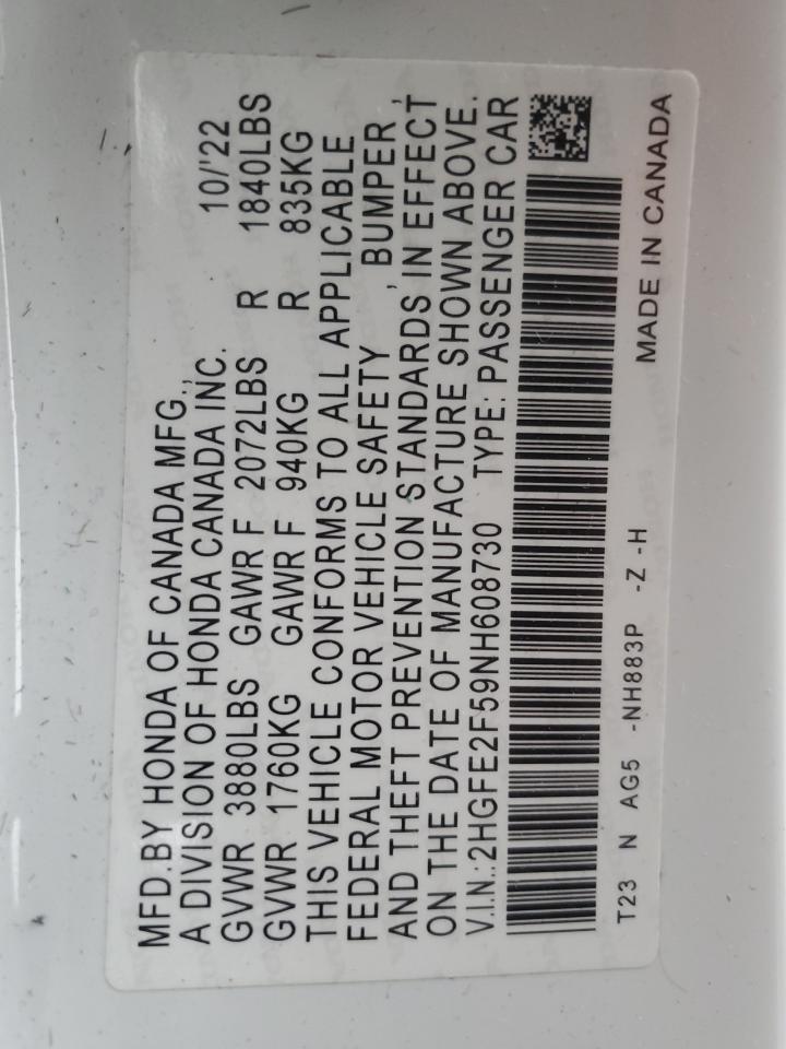 2022 Honda Civic VIN 2HGFE2F59NH608730 Copart auction photo, side / undercarriage damage thumbnail 15
