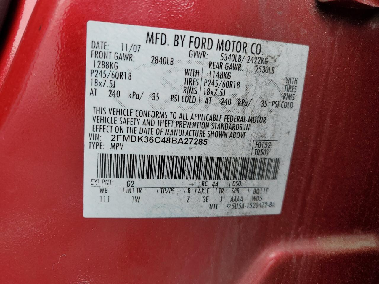 2008 Ford Edge VIN 2FMDK36C48BA27285 Copart auction photo, side / rear end damage thumbnail 15