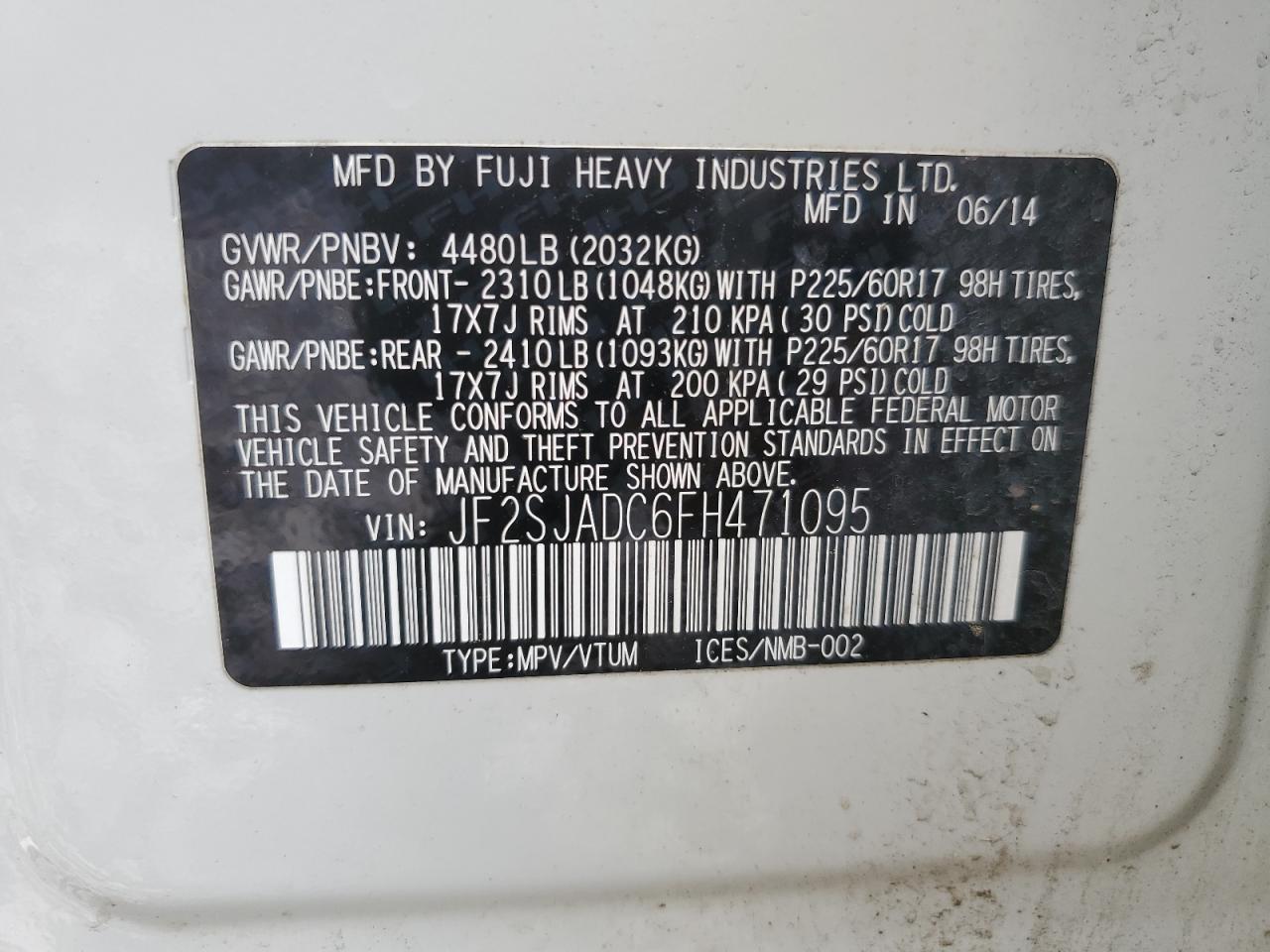 2015 Subaru Forester VIN JF2SJADC6FH471095 Copart auction photo, front end damage thumbnail 12